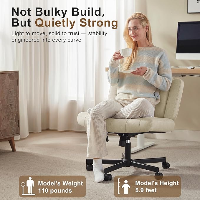 Criss Cross Chair with Wheels - Wide Seat Cross Legged Office Chair with Flip-up Arms - Comfy Swivel Rolling Desk Chair with Thick Cushion and Rocking Function for Home Office Vanity Bedroom