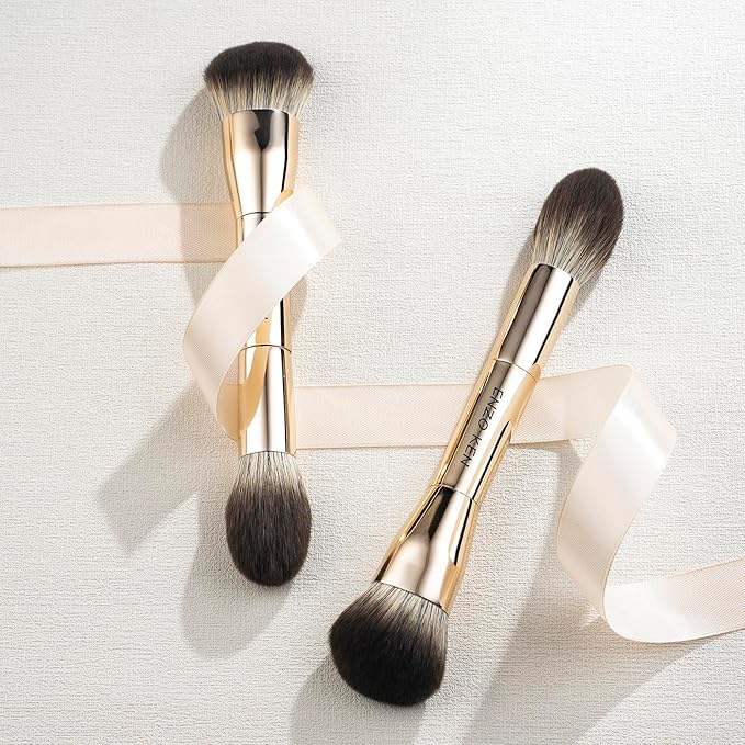 Double Ended Blush and Bronzer Brush, Makeup Brush for Blush Makeup, Double Sided Makeup Brushes, Cream Contour Brush Gold, Fluffy Bronzer Blush Brush for Cheeks, Bronzing - 124B