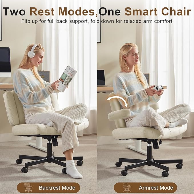 Criss Cross Chair with Wheels - Wide Seat Cross Legged Office Chair with Flip-up Arms - Comfy Swivel Rolling Desk Chair with Thick Cushion and Rocking Function for Home Office Vanity Bedroom