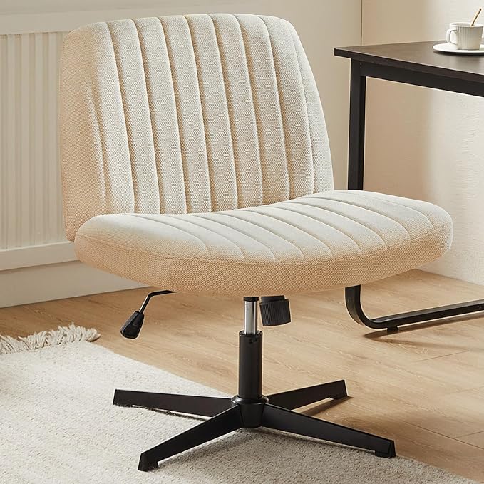 DUMOS Criss Cross Chair No Wheels Wide Cross Legged Office Desk Vanity Chair Comfy Fabric Armless Adjustable Swivel for Home Computer Task (Beige)
