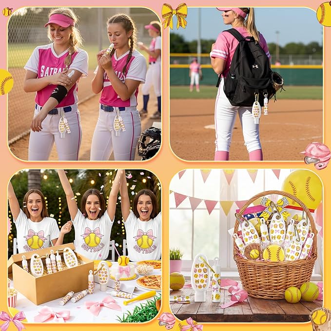 Demissle 12 Sets Softball Party Favors Mini Sunscreen and Sunscreen Lip Balms Bulk Spf 30 Travel Size 1oz Lotion with Carabiner Clip-on Lip Balms Packets for Team Women Birthday Gifts(Softball Bow)