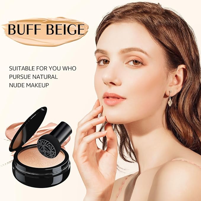 Mushroom Head Air Cushion CC Cream - Tattoo Cover up Makeup Waterproof for Mature Skin Moisturizing Concealer Brighten Long-Lasting, Gold Packaging (Buff Beige, 3.21 Ounce (Pack of 1))