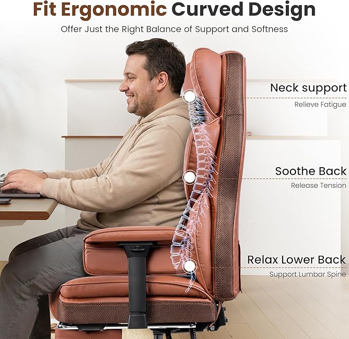 Big and Tall Office Chair - 400 LBS Capacity Executive Chair with High Back & Footrest, Ergonomic Office Chair for Heavy People, Wide Padded Seat Computer Gaming Chair, Brown