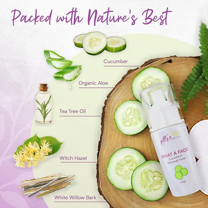 Made in USA Cucumber & Witch Hazel Toner Spray for Face – Gilly’s Organics Natural Astringent with Aloe & Tea Tree – Pore Minimizer, Acne Mist, Hydrating Primer & Moisturizer, 3 fl oz