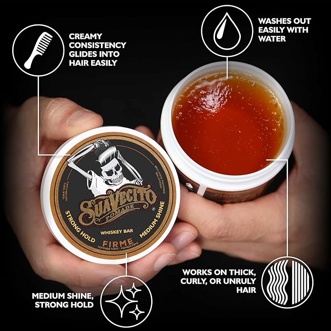 Suavecito Pomade Firme (Strong) Hold Whiskey Bar Scent 4 oz - Pomade For Men - Medium Shine Water Based Wax Like Flake Free Hair Gel - Easy To Wash Out - All Day Hold For All Hair Styles