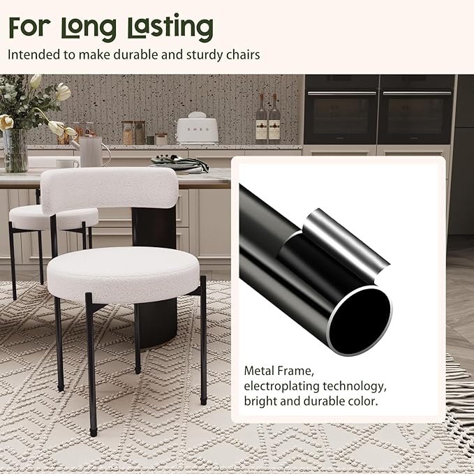 Boucle Dining Chairs Set of 4 Teddy Upholstered Dining Room Chairs Kitchen Chair with Metal Legs Mid Century Modern Chair for Dining Room, Kitchen (Black Frame+White, 4)