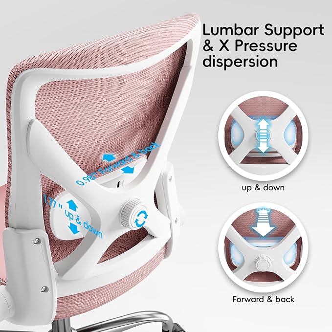Office Home Ergonomic Desk Chair-Computer X-Shaped Chair Mesh PU Leather with Adjustable Lumbar Support-Executive Chair High Back Flip-Up Arms for Long Hours (Pink-No Headrest)