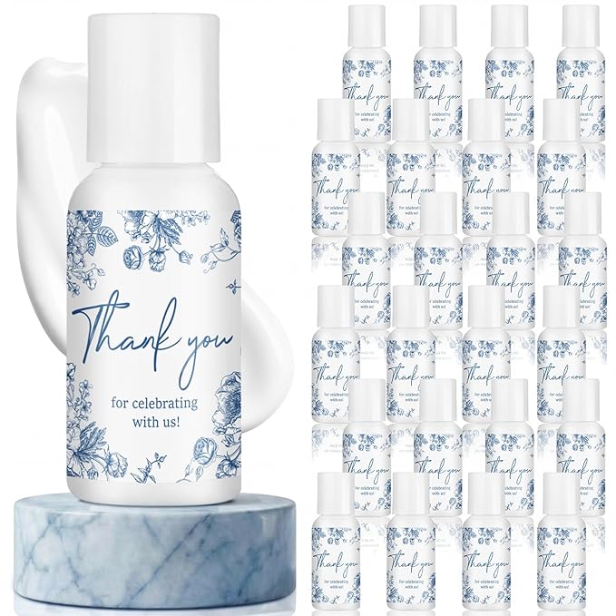 24 Pcs Blue and White Flowers Favors for Wedding Mini Sunscreen Bulk SPF 30 Travel Size 1 Fl. oz Sunscreen Bridal Wedding Baby Shower Party Favor for Guests Thank You for Celebrating with Us Gifts
