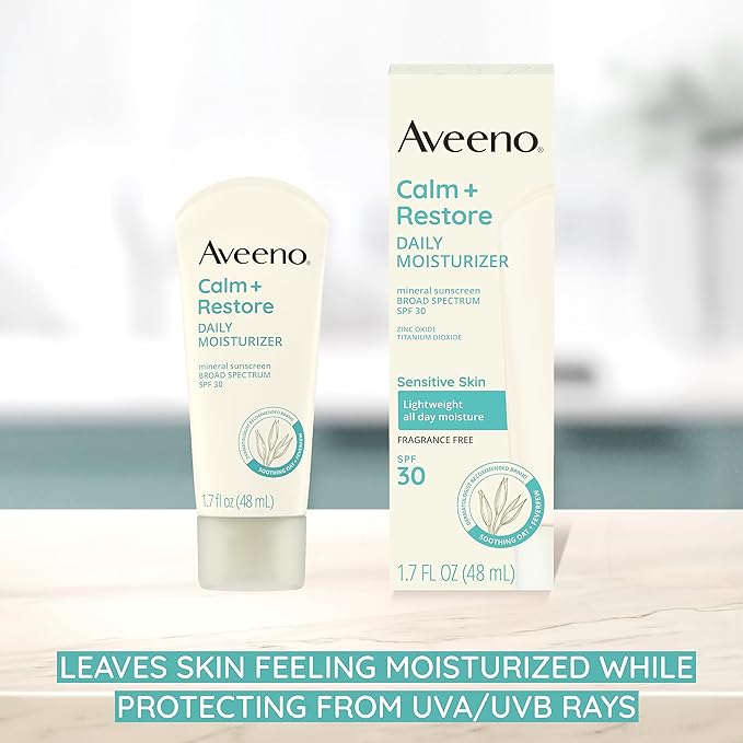 Aveeno Calm + Restore Daily Moisturizer Mineral Sunscreen with Broad Spectrum SPF 30, Lightweight All Day Moisture + UVA/UVB Sun Protection for Sensitive Skin, Fragrance Free, 1.7 fl. Oz | Mineral Sunscreen, Lightweight, All Day Moisture, Sensitive Skin