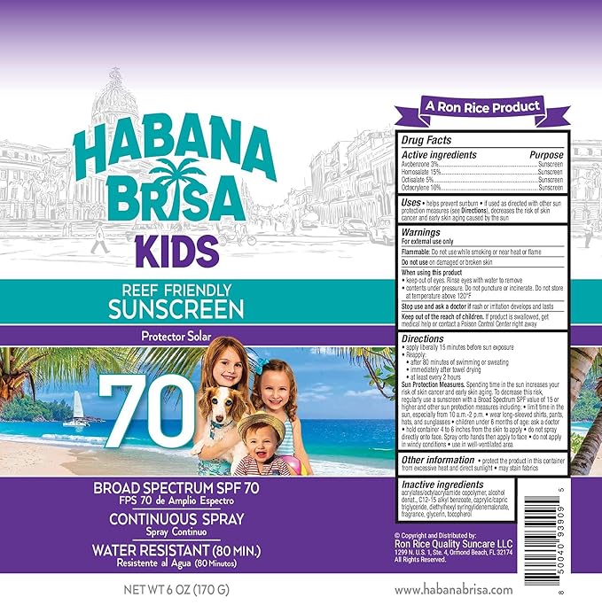 Habana Brisa Kids Sunscreen Spray SPF 70, Hawaii 104 Reef Act Compliant | Octinoxate & Oxybenzone Free | Broad Spectrum UVA/UVB Protection, Water Resistant Sun Protection for Sensitive Skin, 6 Oz