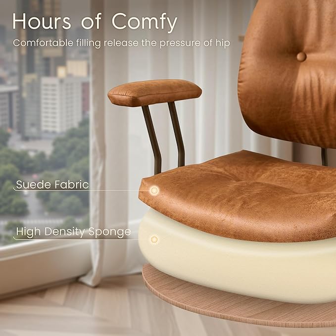 HOOOWOOO Ergonomic Office Chair,Mid Century Modern Computer Desk Chair,Comfy Executive Chair with Extra Wide Tufted Cloudy Seat Lumbar Support Rocking Back,Suede Leather Light Brown