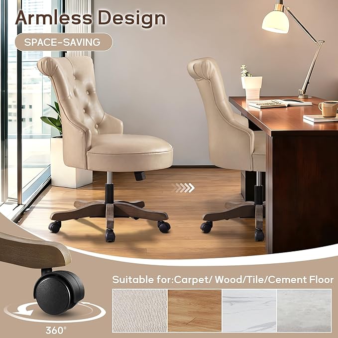 HUIMO Home Office Chair Upholstered Armless Desk Chair with Wheels Adjustable Height Computer Desk Chair with Wooden Legs Comfortable Swivel Chair for Home Office Study Studio (Light Taupe)