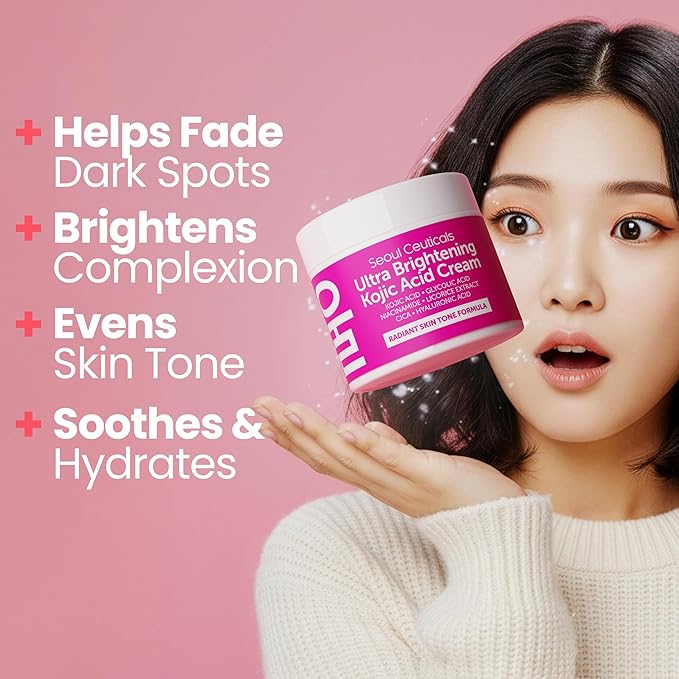 SeoulCeuticals Korean Kojic Acid Cream Dark Spot Remover + Glycolic Acid + Niacinamide + Cica + HA Moisturizer - Cruelty Free K Beauty Skincare 2oz (Pack of 2)