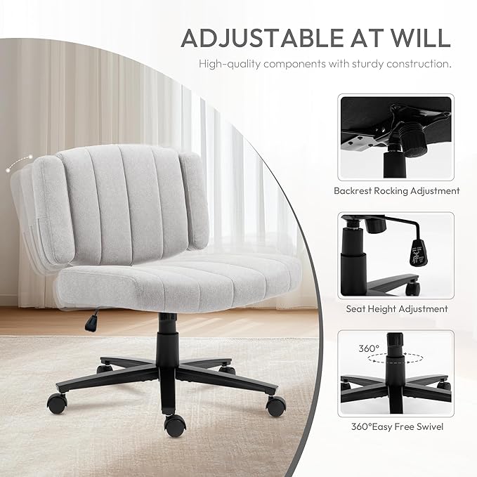 Ergonomic Office Chair - Wide Seat Criss Cross Back Design, Adjustable Arms, 360° Swivel with Wheels, Grey