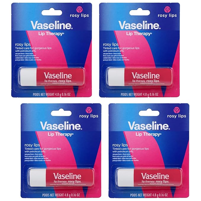 Vaseline Lip Therapy Care Rosy, Fast-Acting Nourishment, Ideal for Chapped, Dry, Cracked, or Damaged Lips, Lip Balm, 4-Pack, 0.16 Oz Each (Pack of 24)