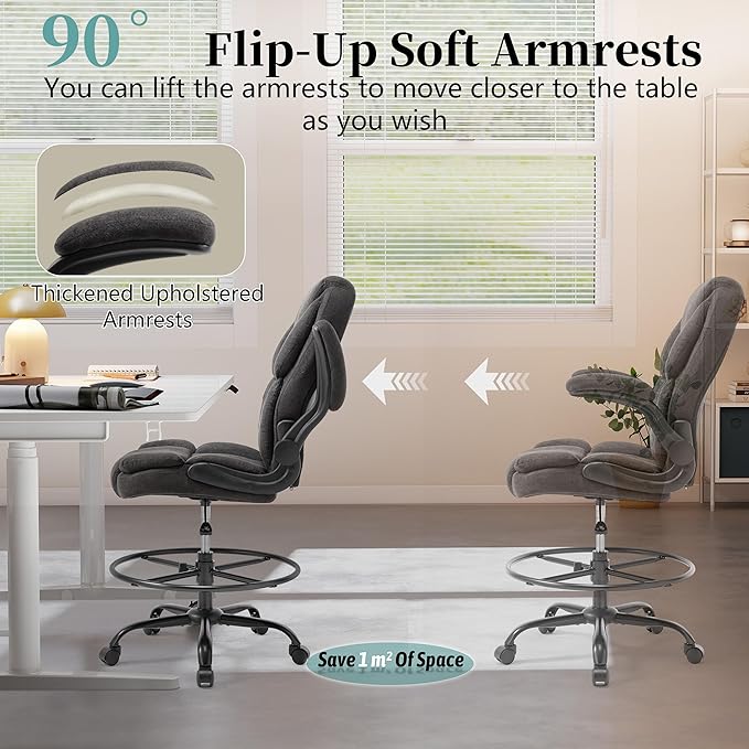 Ergonomic Drafting Chair, Tall Office Chair for Standing Desk, High Back Standing Desk Chair with Flip-Up Armrest, Adjustable Height & Foot Ring, Executive Fabric Extended Height Office Chairs, Black