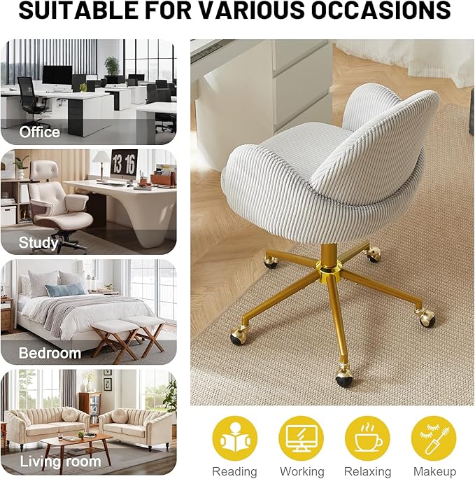 Home Office Chair with Petal Backrest, Corduroy Upholstered Desk Chair with Adjustable Swivel Wheels, Ergonomic Chairs for Living Room, Bedroom, Office, Study, Flower Cute Girls Vanity Chair (Grey)
