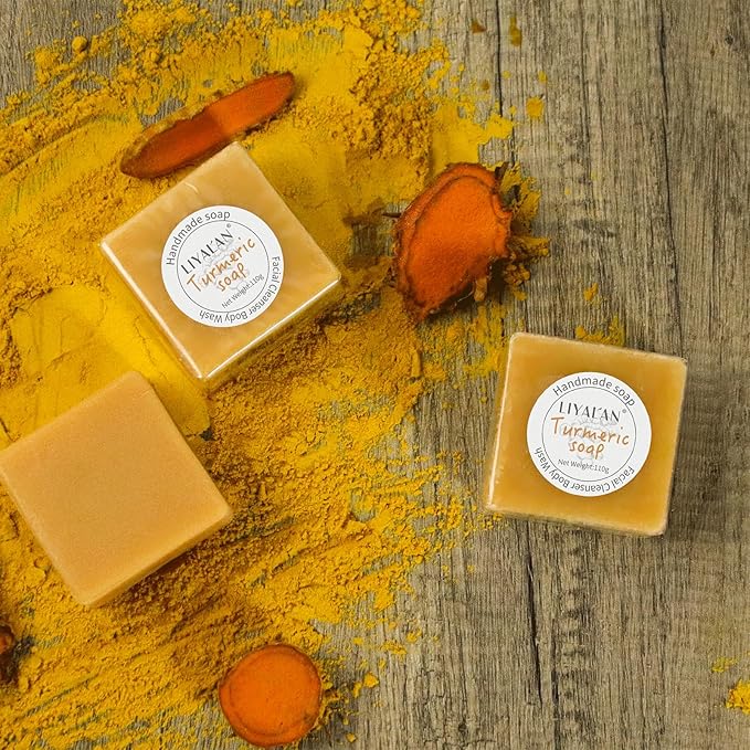 LIYALAN Turmeric Soap Bar 3.88 oz each Bar for Face and Body evens out skin tone,Smooth Skin,Cleansing Handmade Soap contains 3 bars with a fresh ginger and lemongrass scent