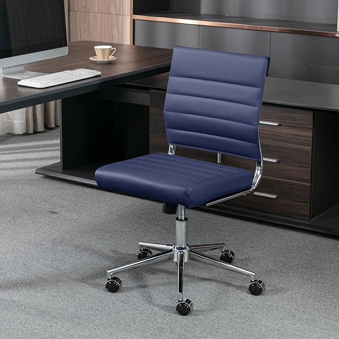 Okeysen Armless Office Desk Chair, Mid Back Ergonomic Swivel Conference Room Chair, Adjustable Height PU Leather Home Desk Chair, Modern Small Rolling Computer Task Chair, Navy Blue