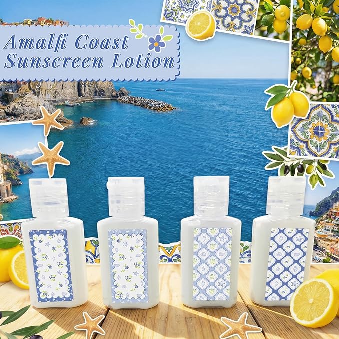 Demissle 24 Pcs Amalfi Coast Mini Sunscreen Bulk Travel Size 1 oz Summer Beach Sunscreen Lotion Spf 30 for Nautical Summer Party Supplies Bridal Shower Birthdays Wedding Party Favors