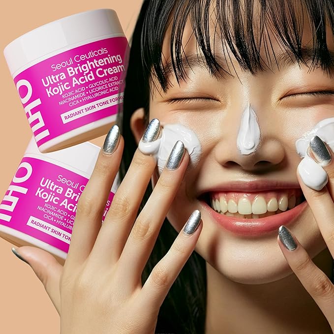 SeoulCeuticals Korean Kojic Acid Cream Dark Spot Remover + Glycolic Acid + Niacinamide + Cica + HA Moisturizer - Cruelty Free K Beauty Skincare 2oz (Pack of 2)