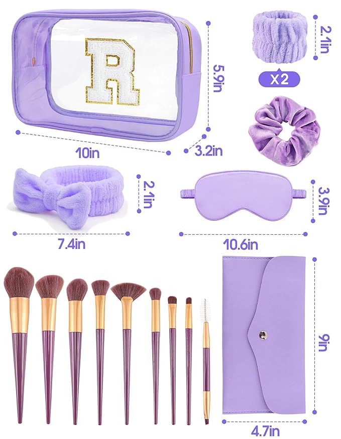 Gift Sets for Women, Initial Makeup Bag with Makeup Brush Set Bachelorette Party Favors, Purple Spa Kit with Skincare Headbands Wrist Bands Sleepover Party Supplies Gifts for Teen Girls Bridesmaid R