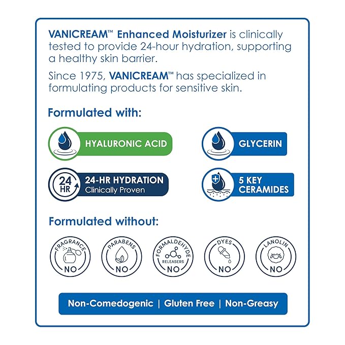 Vanicream Enhanced Moisturizer, 12 fl oz, Formulated without Common Irritants, Body Moisturizer, All-Day Hydration with Hyaluronic Acid, Glycerin & Ceramides for Sensitive Skin