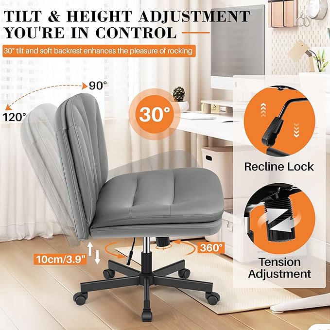 FelixKing Criss Cross Chair with Wheels, Cross Legged Office Chair, Armless Wide Vanity Desk Chair with Comfty PU Leather & Back - Swivel Height Ajustable for Home Office Bedroom, Gray