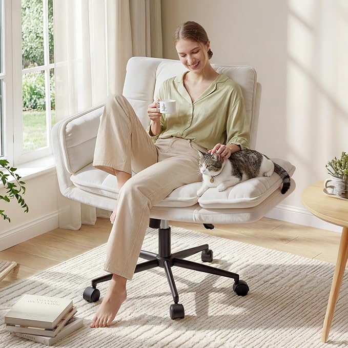 Criss Cross Chair with Wheels, Plush Fleece Vanity Chair with Adjustable Armrests, Ergonomic Office Chair for Bedroom, Makeup Room and Office Room, White