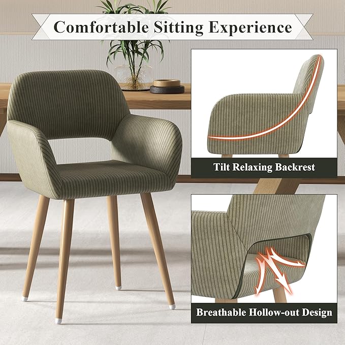 Home Office Desk Chair Set of 1, Corduroy Fabric Vanity Chair for Makeup with Hollow Backrest, Comfy Armchair Wood Frame with Strudy Metal Legs, Dark Green