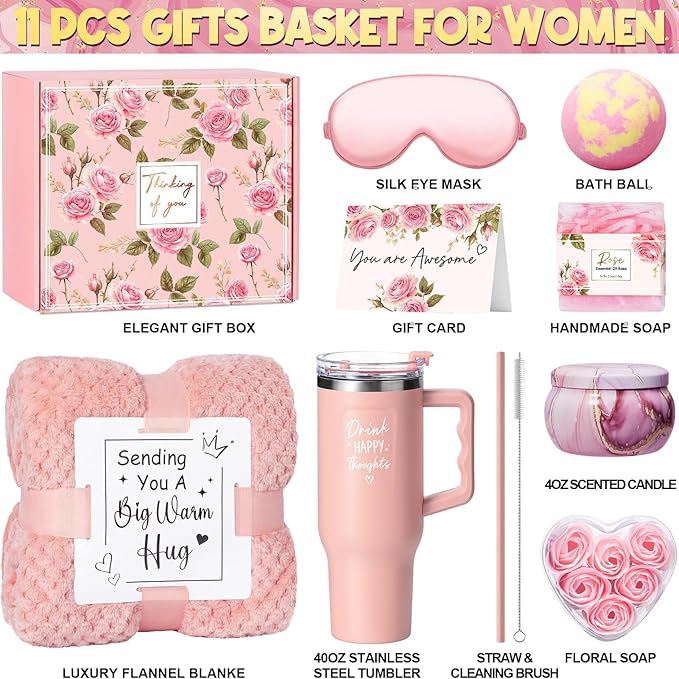Birthday Gifts for Women Self Care Get Well Soon Gifts, Rose Relaxing Spa Gift Box Care Package Basket w/ Luxury Flannel Blanket 40 oz Tumbler, Mother's Day Gift for Mom Her Wife Girlfriend Sister