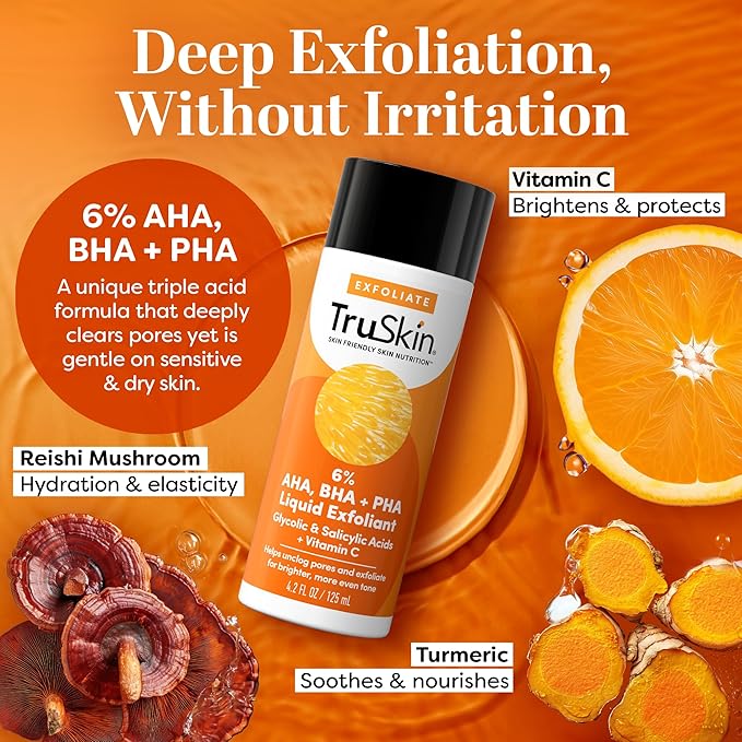 TruSkin BHA Liquid Exfoliant & Toner for Face - Triple Acid AHA BHA PHA Exfoliator with Salicylic, Glycolic Acid & Vitamin C - Improves Look of Tone & Texture, Unclogs Pores, 4.2 fl oz