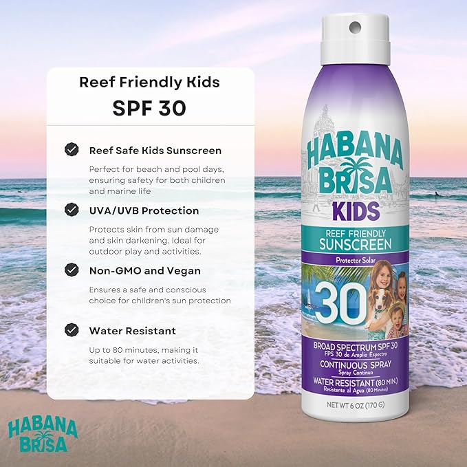 Habana Brisa Kids Reef Friendly Sunscreen Spray, Broad Spectrum SPF 30, Water Resistant, Kids Mineral sunscreen, UVB/UVA Non-Toxic Sun Protection for Kids & Sensitive Skin, 6 oz (1 Pack)
