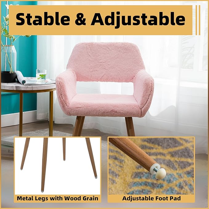 Furry Desk Chair, Modern Home Office Chair Without Wheels, Faux Fur Vanity Chair with Hollow Backrest, Comfy Armchair Wood Frame with Strudy Metal Legs, Pink