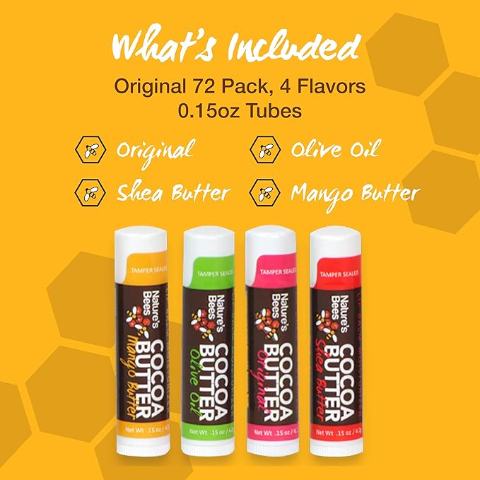Nature's Bees, Cocoa Butter Lip Balms, Lip Moisturizer Treatment - Pack of 72, (Original Variety Assortments - Original, Olive Oil, Mango Butter, Shea Butter)