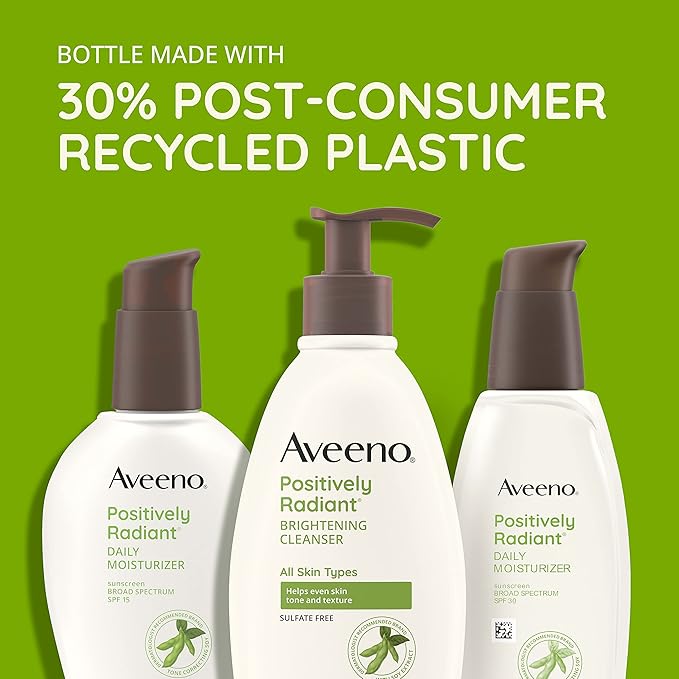 Aveeno Positively Radiant Brightening Facial Cleanser for Sensitive Skin,Targets Dull Skin,Moisture Rich Soy Extract,Non-Comedogenic,Oil- & Soap-Free,Hypoallergenic,11 Fl. Oz,(Pack of 2)