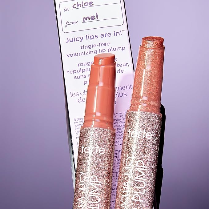 tarte maracuja juicy lip plump bestsellers duo – Hydrating Volumizing Shimmer Lip Plumper Balm, Plumps & Moisturizes, Vegan & Cruelty-Free, full size, dahlia & rosy copper shimmer glass