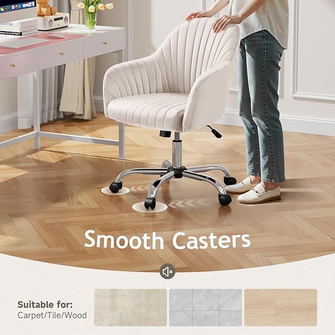 Warmiehomy Velvet Desk Chair for Home Office, Modern Adjustable Swivel Task Chair, Women Vanity Chairs with Arm Rest for Bedroom Dressing Room, Beige
