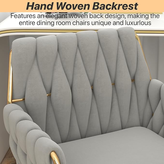 Velvet Home Office Chair, Modern Height Adjustable Cute Vanity Chair, 360° Swivel Makeup Chair Desk Chair with Golden Base and Hand Woven Backrest for for Bedroom/Study/Vanity(Light Gray)