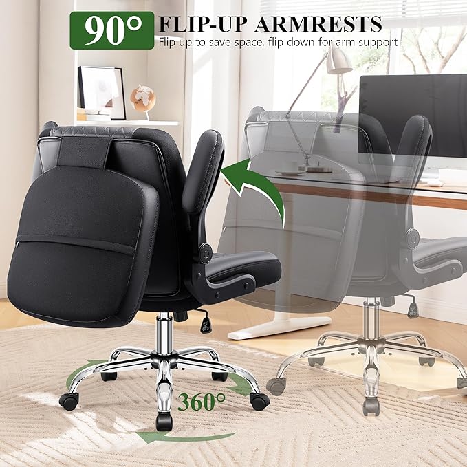 Criss Cross Office Chair with 2-in-1 Flip Backrest – Ergonomic PU Leather Floor Sitting Chair, Adjustable Height, 360° Swivel & Flip-Up Arms, Extra-Wide Seat for Home Office, Vanity, Nail Salon-Black