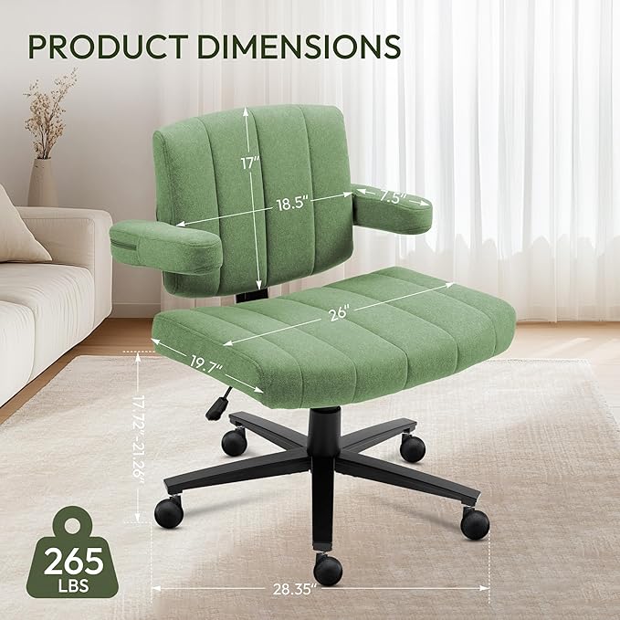 Green Criss Cross Office Chair with Wheels, Ergonomic Wide Seat Vanity & Dressing Table Chair, Adjustable Arms Swivel Rolling Desk Chair for Women, Comfortable Cross-Legged Support