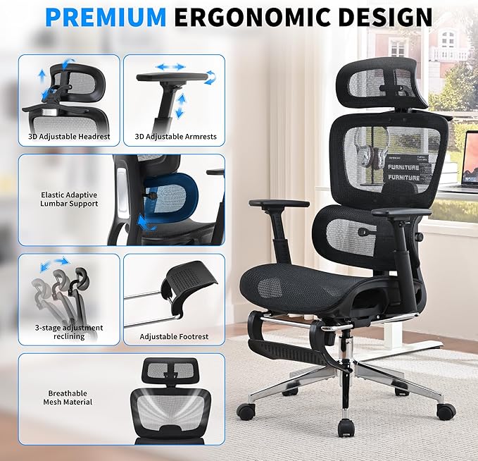 Mesh Ergonomic Office Chair with Footrest,High Back Mesh Gaming Chair with Lumbar Support,Adjustable Headrest and Armrests for Home Office Desk Chair (Modern, Black)