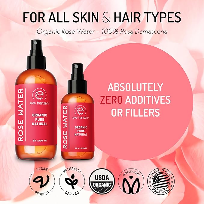 Eve Hansen Skincare Set: 5 Hyaluronic Face Mask Sheets & 8 oz Organic Rose Water Spray – Deep Hydration, Antioxidant Care & Refreshing Toner – Set of 2 Products for All Skin Types