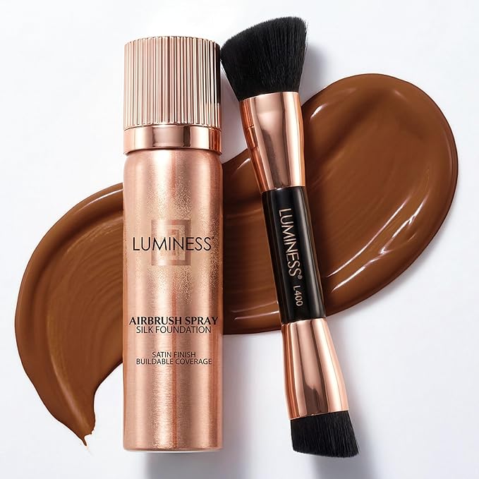 LUMINESS Silk Airbrush Spray Foundation & Buffing Brush Kit – Full Coverage Foundation & Dual-Sided Buffing Brush - Buildable Coverage, Anti-Aging Formula Hydrates & Moisturizes (Shade - Deep Dark)