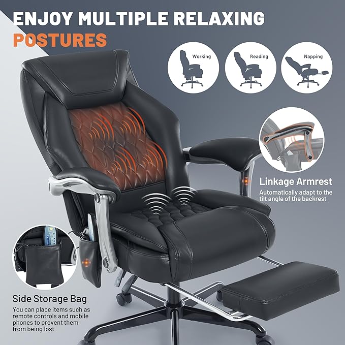 Massage Office Chair with Heating Function & Footrest, 6-Point Vibration, Ergonomic Executive Reclining Desk Chair with Padded Seat for Relaxation, Comfort & Stress Relief
