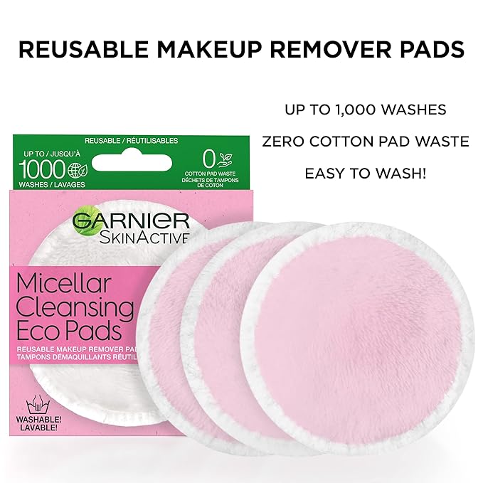 Garnier Micellar Cleansing Eco Pads, Reusable, 3 Ultra-soft Microfiber Pads, 1 Count (Packaging May Vary) (Pack of 2)