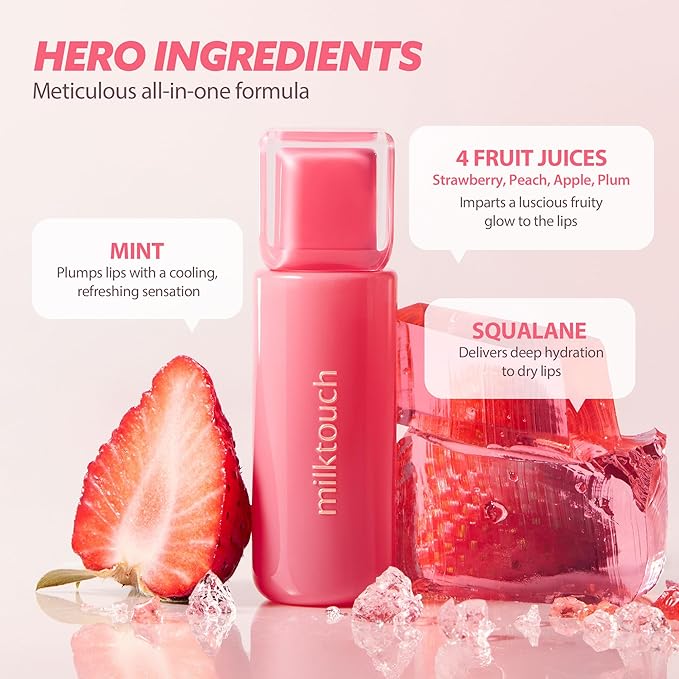 MILKTOUCH Jelly Fit Lip Tint (05 Apple Pom) with Cooling Plumping Effect and Water-Based Non-Sticky Texture | Long Lasting Korean Beauty Lipstain Tinted Gloss Oil | Stocking Stuffers for Women