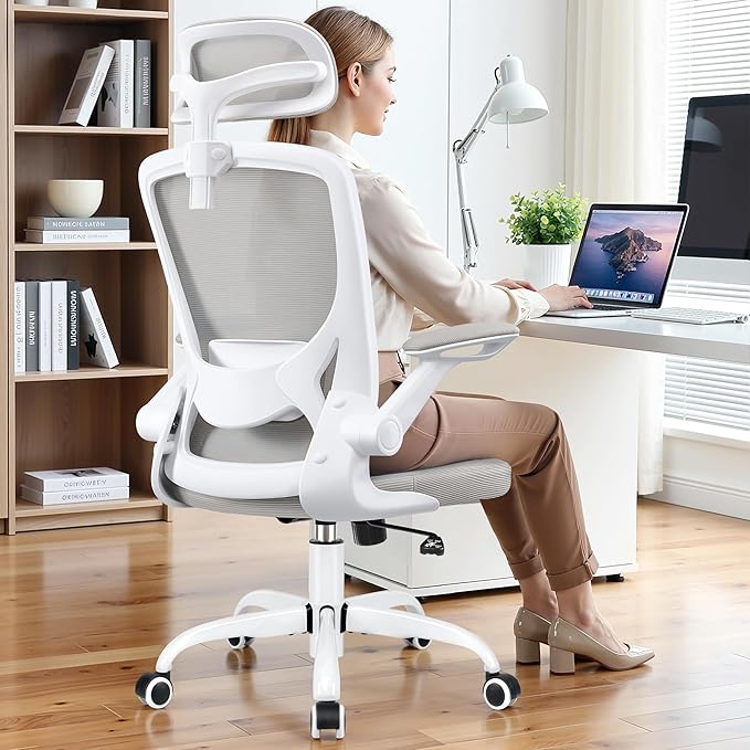 Office Chair Ergonomic Desk Chair, Breathable Mesh Office Chairs with Adjustable Lumbar Support, Flip-Up Arms, Computer Desk Chair Comfy for Home Office, Light Gray