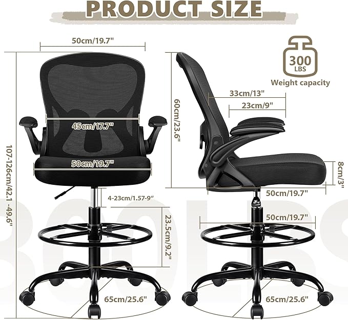Winrise Drafting Chair, Tall Office Chair Ergonomic Standing Desk Chair, Lumbar Support Computer Chair Swivel Task Rolling Chair with Adjustable Flip-up Armrests & Foot Ring (Black)