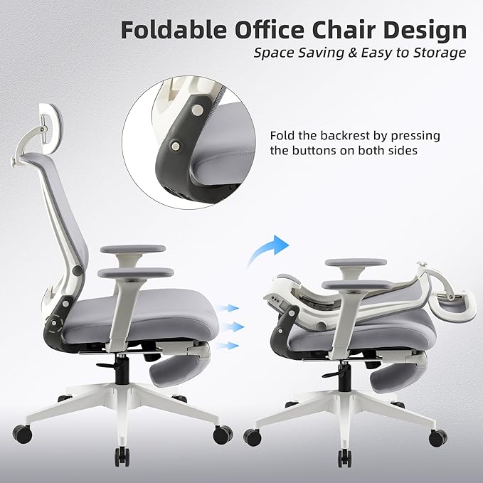 Foldable Office Chair with Foot Rest, Ergonomic Office Chair with Adjustable Lumbar Support, Headrest, Armrest, Home Office Desk Chairs for Space Saving, Grey